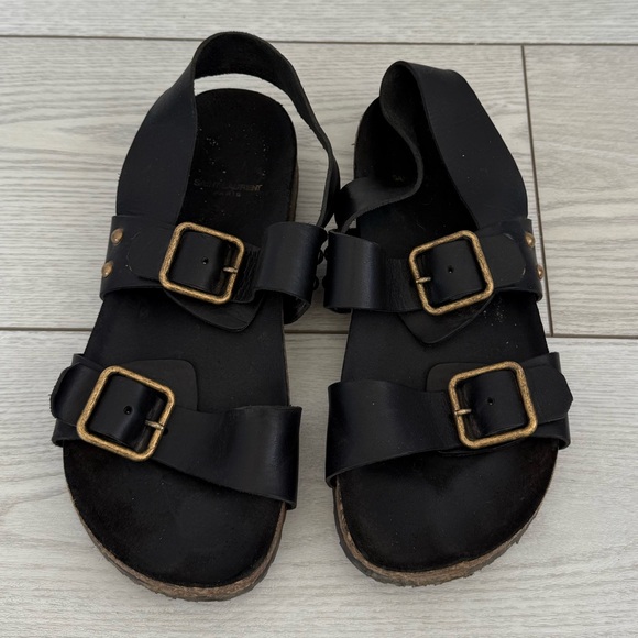 Saint Laurent 37.5 Jam Flat Slingback sandals black leather gold luxury summer - Picture 2 of 16